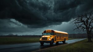 Schoolbus in a stormy landsape
